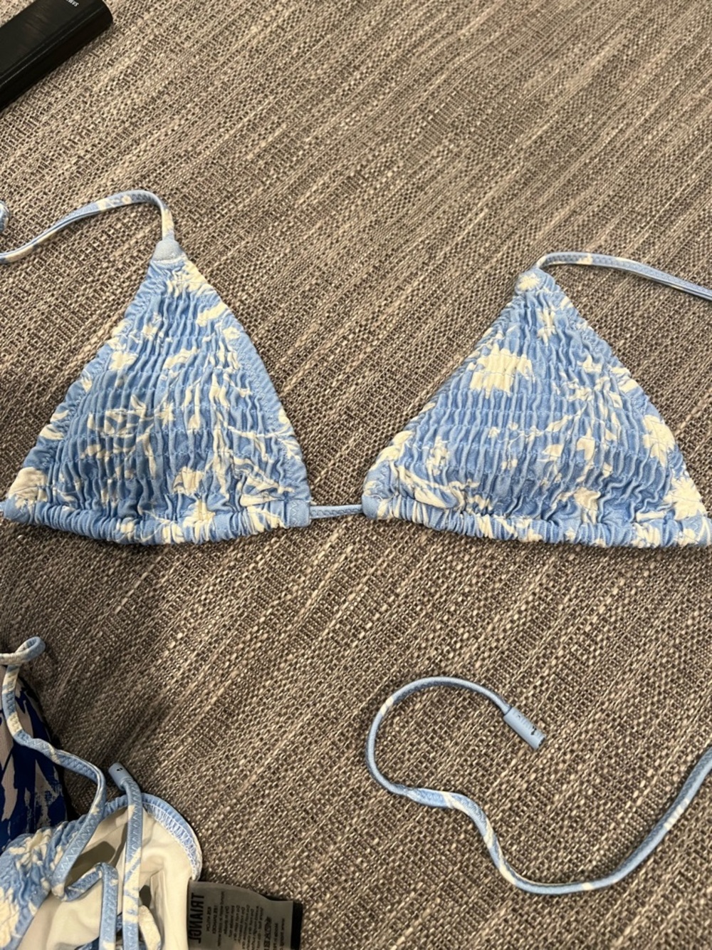 triangl swimwear Light Blue and Cream Smocked Triangle Bikini Top and bottom